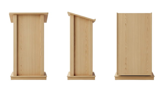 Wooden podium views front side back Preaching stand lectern design render Speech announcement on transparent background
