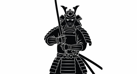 Japanese samurai silhouette holding a katana, standing ready for battle in a dramatic 2D flat vector illustration isolated on a clean white background.