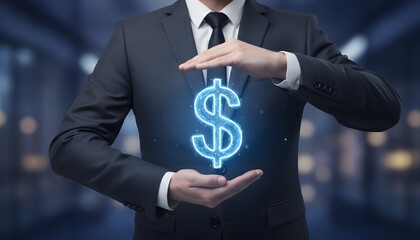 A businessman in a suit holding a glowing dollar sign, symbolizing financial protection and investment.