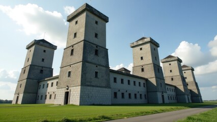A photograph of a large building with two towers at the top, suitable for use in real estate or architecture projects