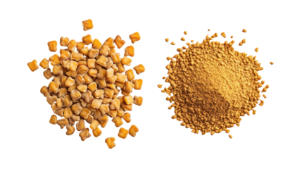 Fenugreek Whole Seeds with Fenugreek Powder Overhead Side by Side on Transparent Background