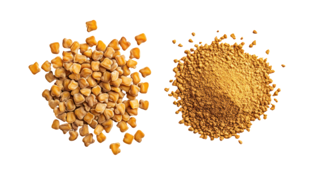 Fenugreek Whole Seeds with Fenugreek Powder Overhead Side by Side on Transparent Background