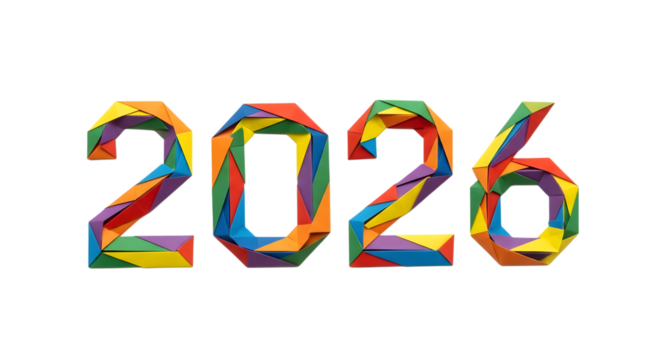 Colorful abstract geometric number 2026 isolated on transparent background
