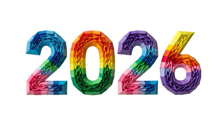 Colorful 2026 numbers with rainbow texture isolated on transparent background