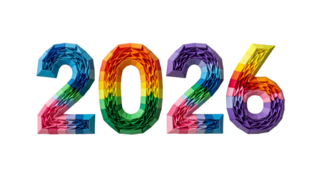 Colorful 2026 numbers with rainbow texture isolated on transparent background