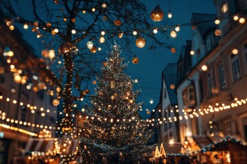 Christmas market atmosphere with a decorated tree and bright holiday lights at night