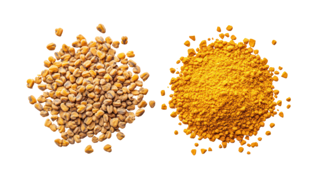 Fenugreek Whole Seeds with Fenugreek Powder Overhead Side by Side on Transparent Background