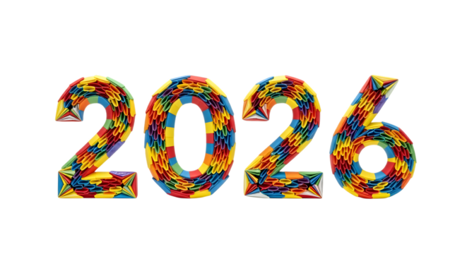 Colorful 2026 numbers isolated on transparent background