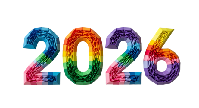 Colorful 2026 numbers with rainbow texture isolated on transparent background