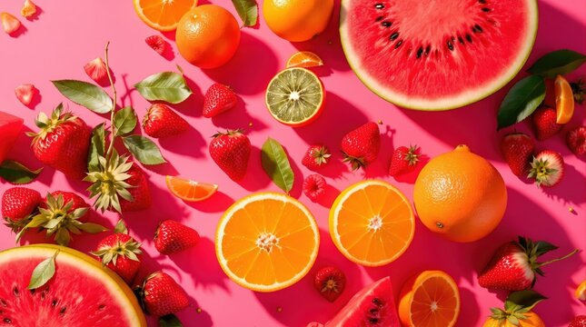 Vibrant Assortment of Fresh Summer Fruits Scattered on a Bright Pink Background