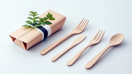 A set of wooden forks, a spoon, and a small utensil are arranged next to a gift-wrapped package adorned with a green plant sprig.