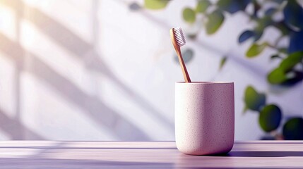 A single bamboo toothbrush stands upright in a speckled ceramic holder, with soft sunlight casting shadows and blurred green leaves in the background.