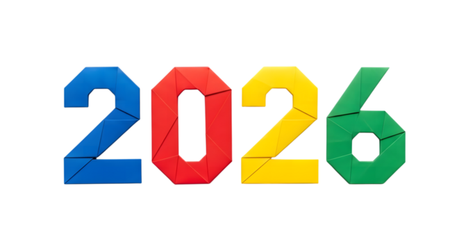 Colorful origami numbers 2026 isolated on transparent background