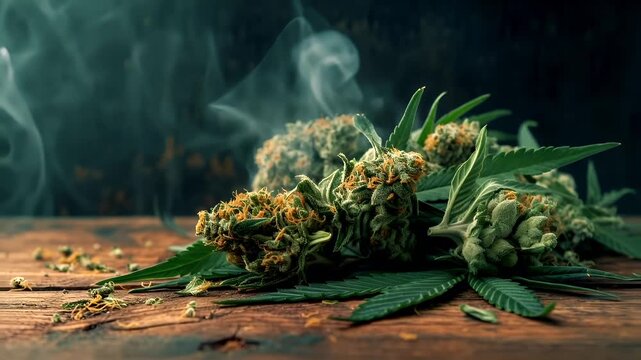 Marijuana cannabis topic concept. cannabis buds with smoke on wooden surface.