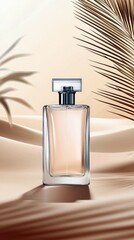 A clear glass perfume bottle with a light peach-colored liquid is displayed in a desert setting with palm fronds casting shadows.