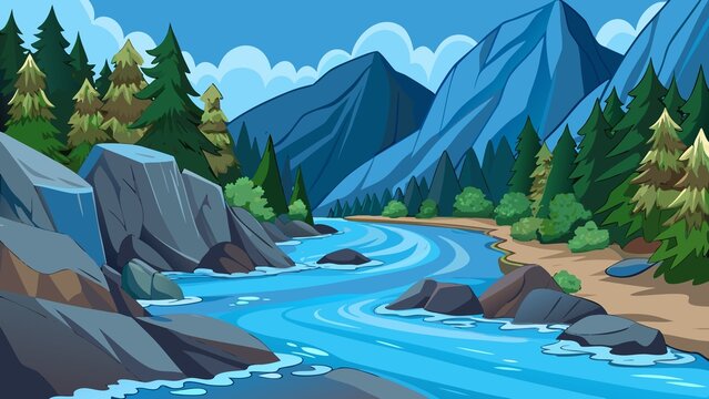 Vibrant cartoon illustration of a winding river flowing through a rocky mountain forest landscape