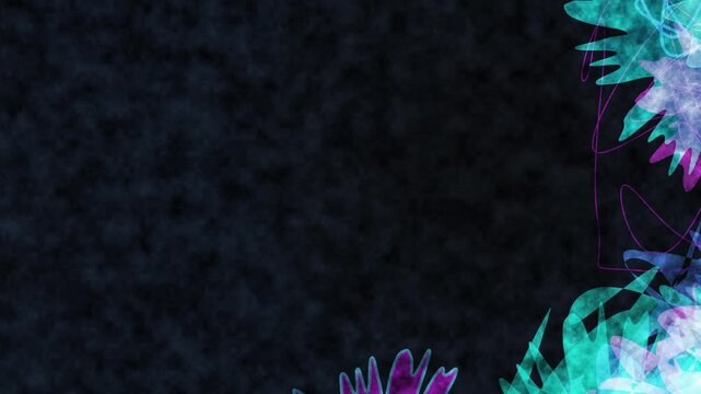 Dark textured background with abstract colorful shapes in the upper right and lower right corners