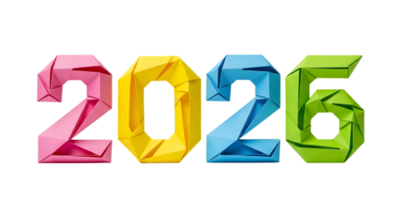 Origami numbers 2026 in bright colors isolated on transparent background