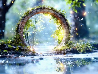 A moss-covered stone archway stands in a serene forest, with light filtering through the trees and reflecting on the water.