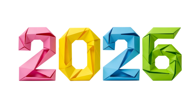 Origami numbers 2026 in bright colors isolated on transparent background