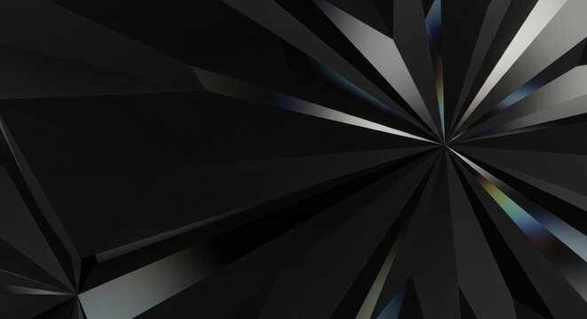 Dynamic abstract geometric explosion of dark black background faceted shapes with subtle iridescent highlights, perfect for modern tech backgrounds.