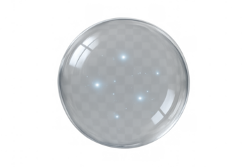 Crystal glass sphere with internal blue light elements generating magic and future prediction visions on transparent background