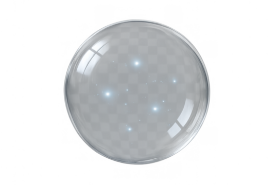 Crystal glass sphere with internal blue light elements generating magic and future prediction visions on transparent background