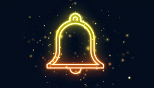 Bright yellow and orange neon bell icon with glowing particles and a dark background, perfect for notifications and alerts - Powered by Adobe