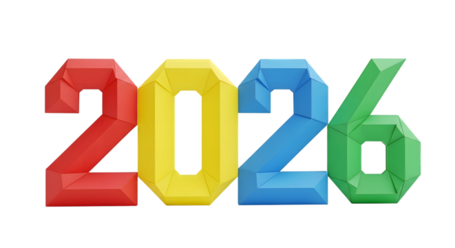 Colorful origami numbers 2026 isolated on transparent background