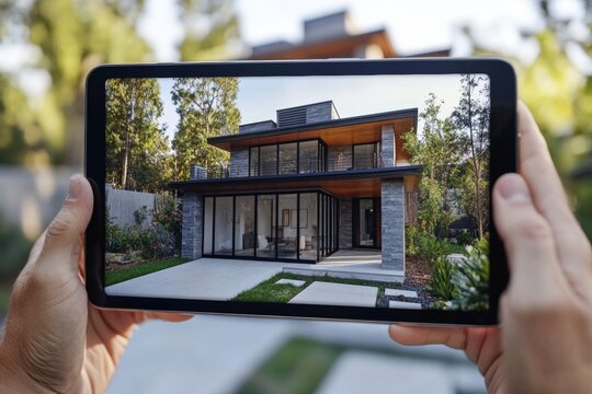 Person holding tablet in hands, taking picture suburban house, virtual showing of modern country house, demonstration real estate on tablet screen