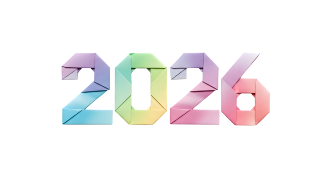 Colorful origami numbers 2026 isolated on transparent background