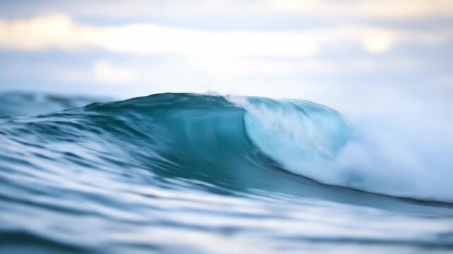 A close-up of a breaking ocean wave showing its curling crest and vibrant blue color
