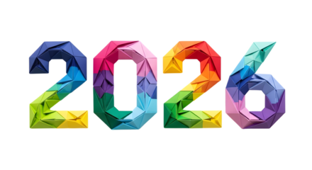 Colorful 2026 numbers made of crumpled paper isolated on transparent background