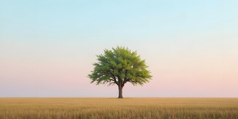 Solitary Tree in a Serene Golden Field at Dawn with Soft Skies