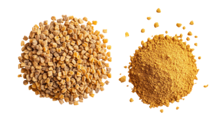Fenugreek Whole Seeds with Fenugreek Powder Overhead Side by Side on Transparent Background