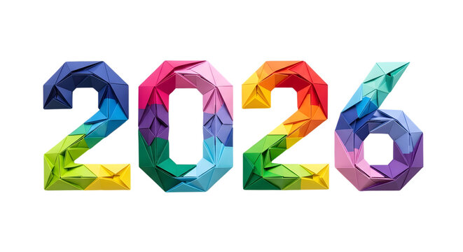 Colorful 2026 numbers made of crumpled paper isolated on transparent background