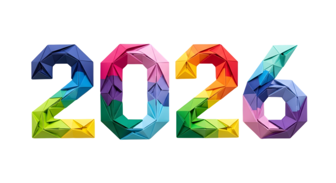 Colorful 2026 numbers made of crumpled paper isolated on transparent background