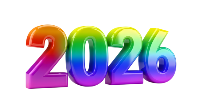 Colorful 3d rendered numbers 2026 isolated on transparent background