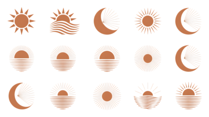 Boho style sun and moon icons with radiating lines and wavy water elements bohemian Premium PNG Icon Set – Flat, Minimal & Transparent Icons for Any Project