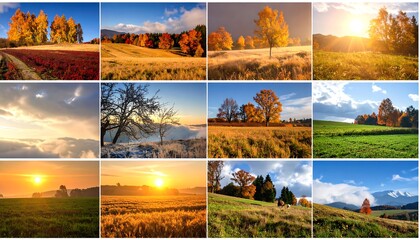 A collage of diverse autumn landscape photos, showcasing various fields, hills, and skies during the fall season