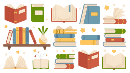 Assortment of Colorful Books and Reading Related Elements on Black Background Premium PNG Icon Set – Flat, Minimal & Transparent Icons for Any Project