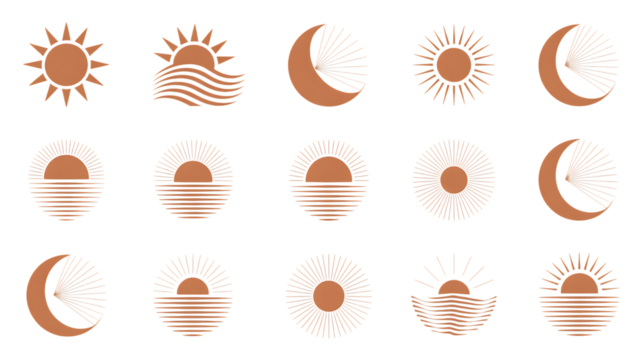 Boho style sun and moon icons with radiating lines and wavy water elements bohemian Premium PNG Icon Set – Flat, Minimal & Transparent Icons for Any Project