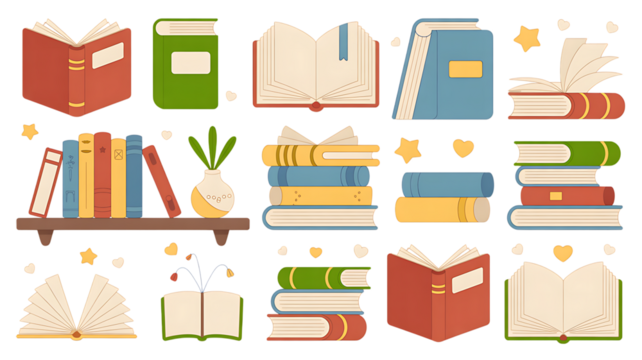 Assortment of Colorful Books and Reading Related Elements on Black Background Premium PNG Icon Set – Flat, Minimal & Transparent Icons for Any Project