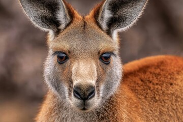 Kangaroo close-up showcasing expressive eyes and fluffy fur in warm brown and reddish tones, highlighting prominent ears against a blurred background for captivating wildlife photography