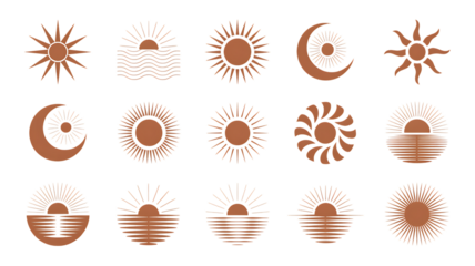 Collection of stylized sun and moon icons in copper tones on black celestial symbol Premium PNG Icon Set – Flat, Minimal & Transparent Icons for Any Project
