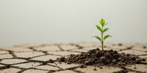 Green Seedling Growing from Dried Soil in Harsh Environment