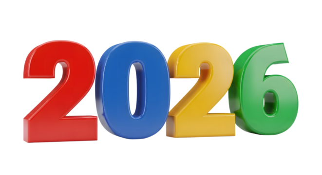 Colorful 3d numbers 2026 isolated on transparent background