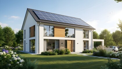 Modern two-story house with solar panels on the roof and a well-kept lawn.