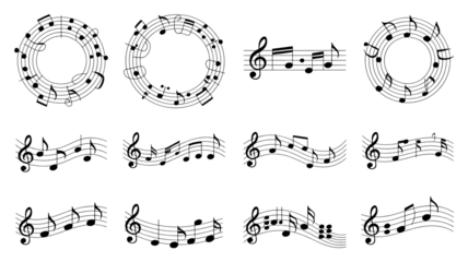 White musical notes and staffs arranged in circular and linear patterns on black clef Premium PNG Icon Set – Flat, Minimal & Transparent Icons for Any Project