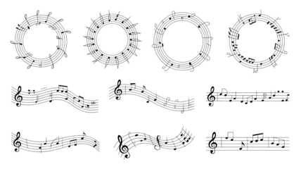White musical notes and staffs arranged in circular and linear patterns on black background Premium PNG Icon Set – Flat, Minimal & Transparent Icons for Any Project